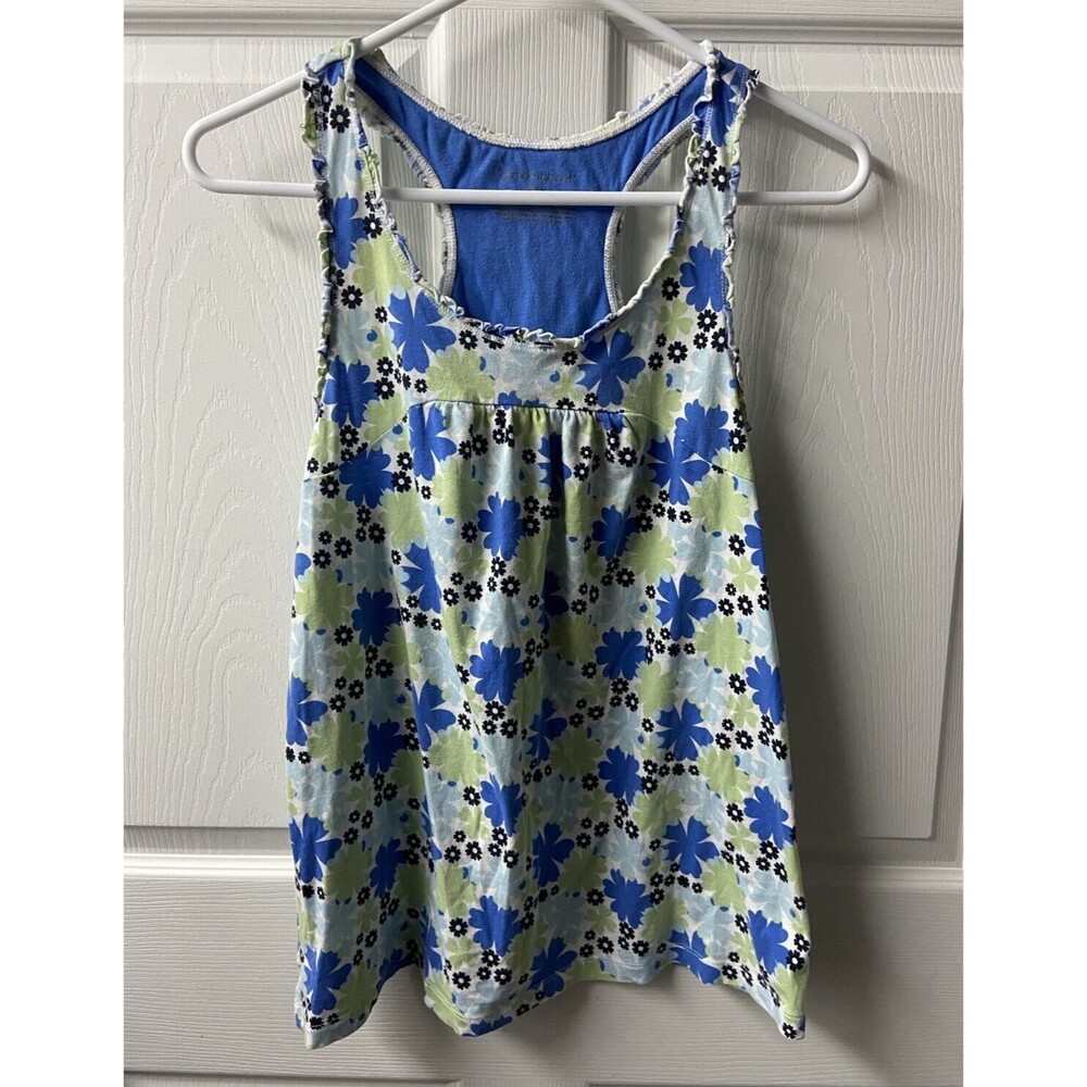 Jamie Ginger Top Womens Size Medium Blue Green Floral Ruffle Racerback Tank
